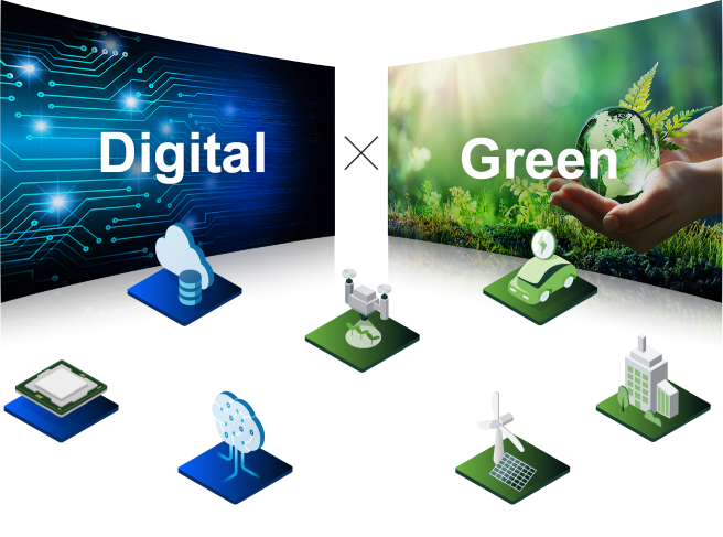 This chart explains the concept of Digital and Green. “Digital” refers to information and communications technology (ICT) and digital transformation (DX), such as 5G/6G, Big data, AI application, and the Internet of Things (IoT). “Green” refers to Decarbonization, which encompasses Renewable energy, Smart society, and Electric vehicles, among others.