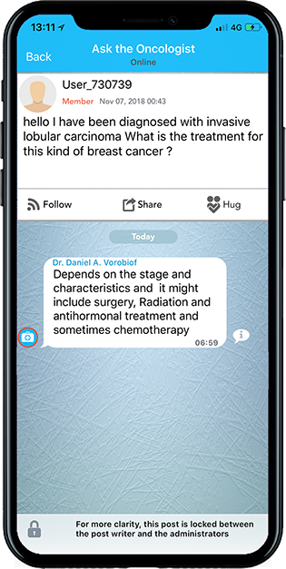 Chat with oncologists and experts on the app