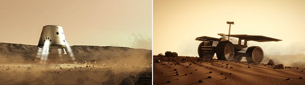 スペースXから購買予定の火星への着陸カプセルと、半自律走行するローバーの写真