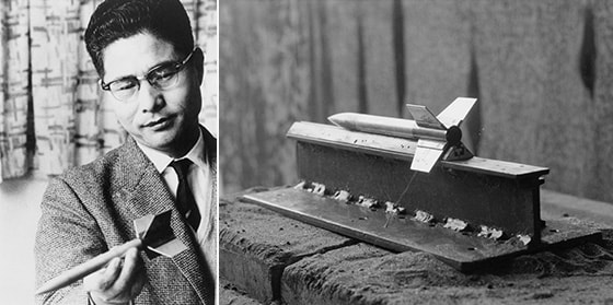 Professor Hideo Itokawa and a pencil rocket